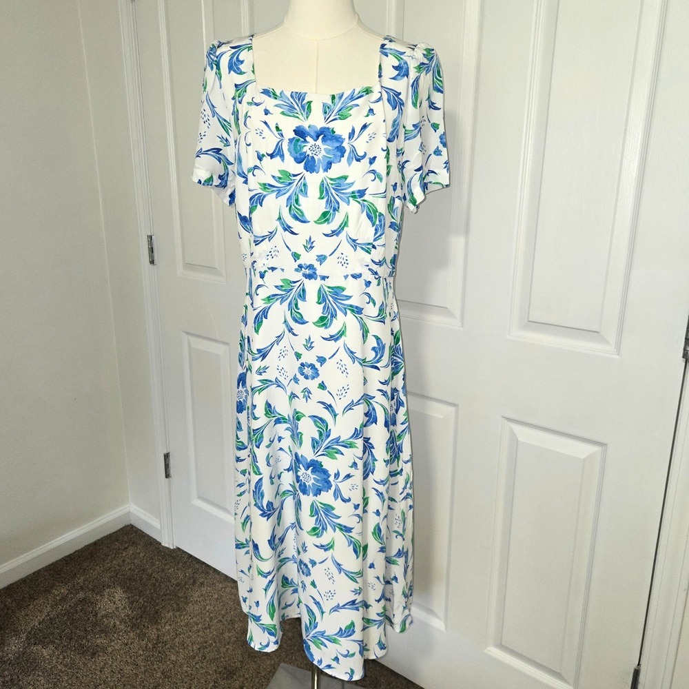 Talbots Midi Dress Womens 12 White Blue Green Floral Damask Square Neck Viscose